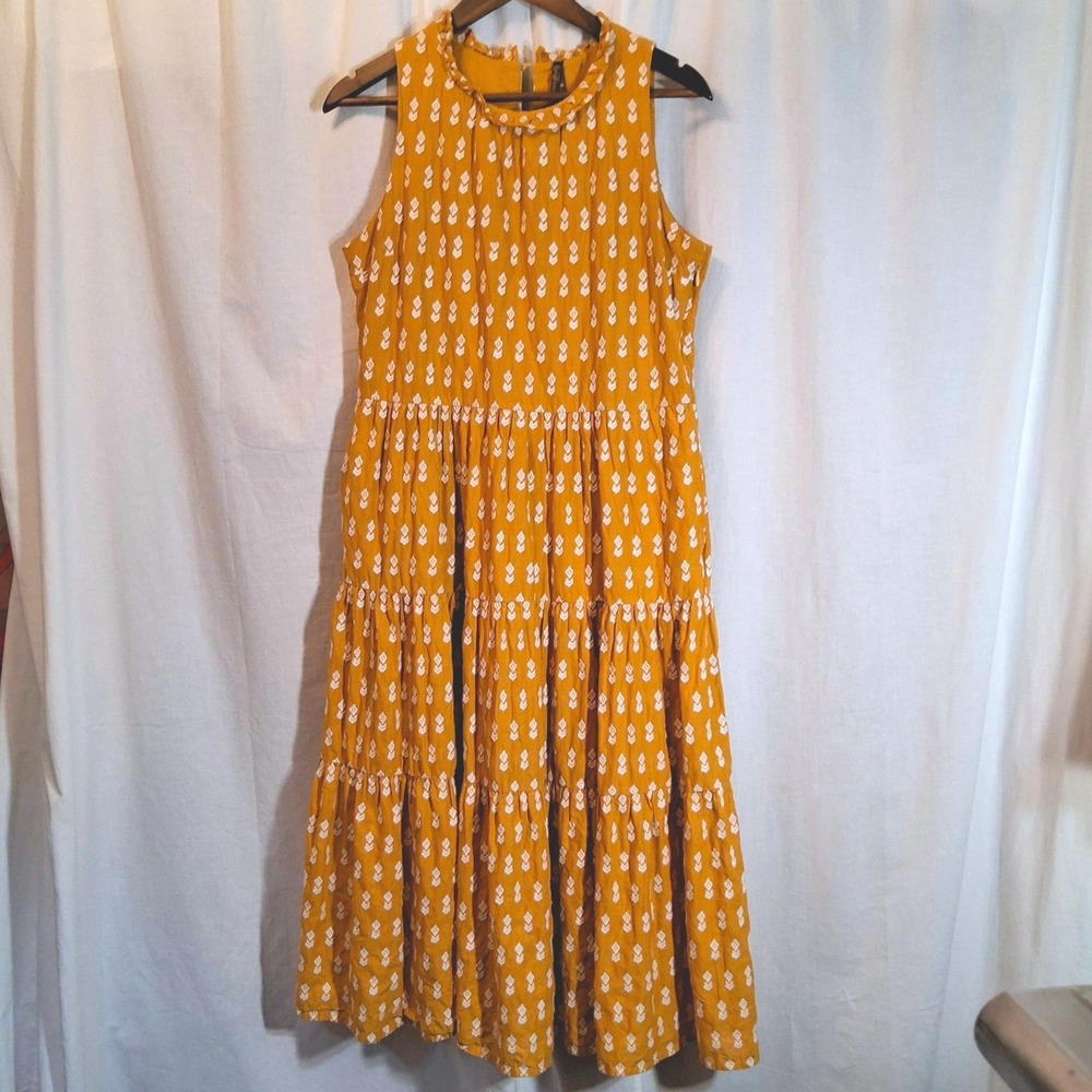 Stetson Tiered Midi Dress M Mustard Yellow Prairie Ruffle Neck Print Western